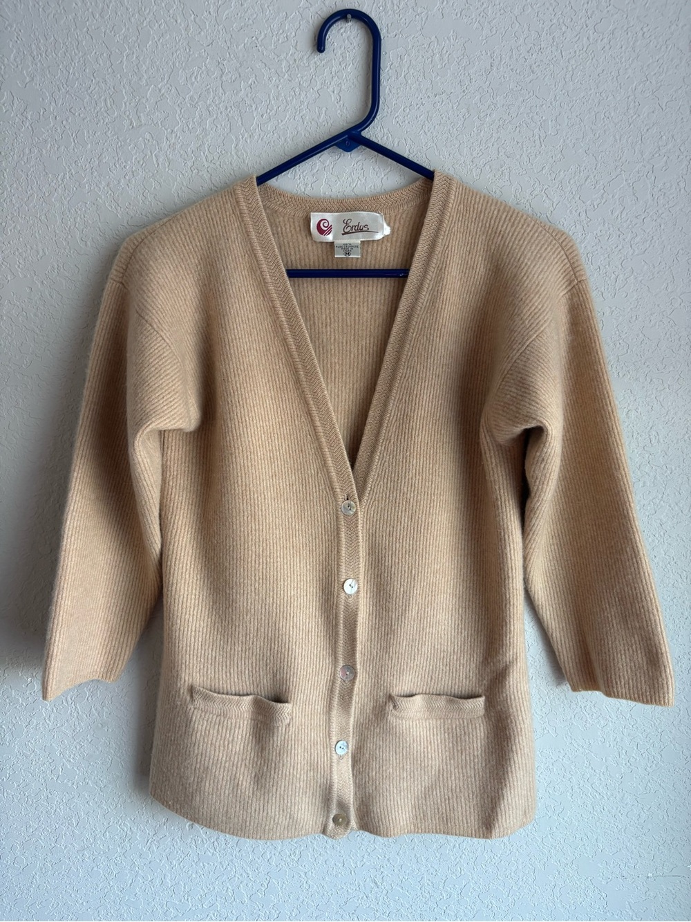 Erdos Luxury Knit 100% Pure Cashmere Ribbed Cardigan EUC Beige Camel Medium